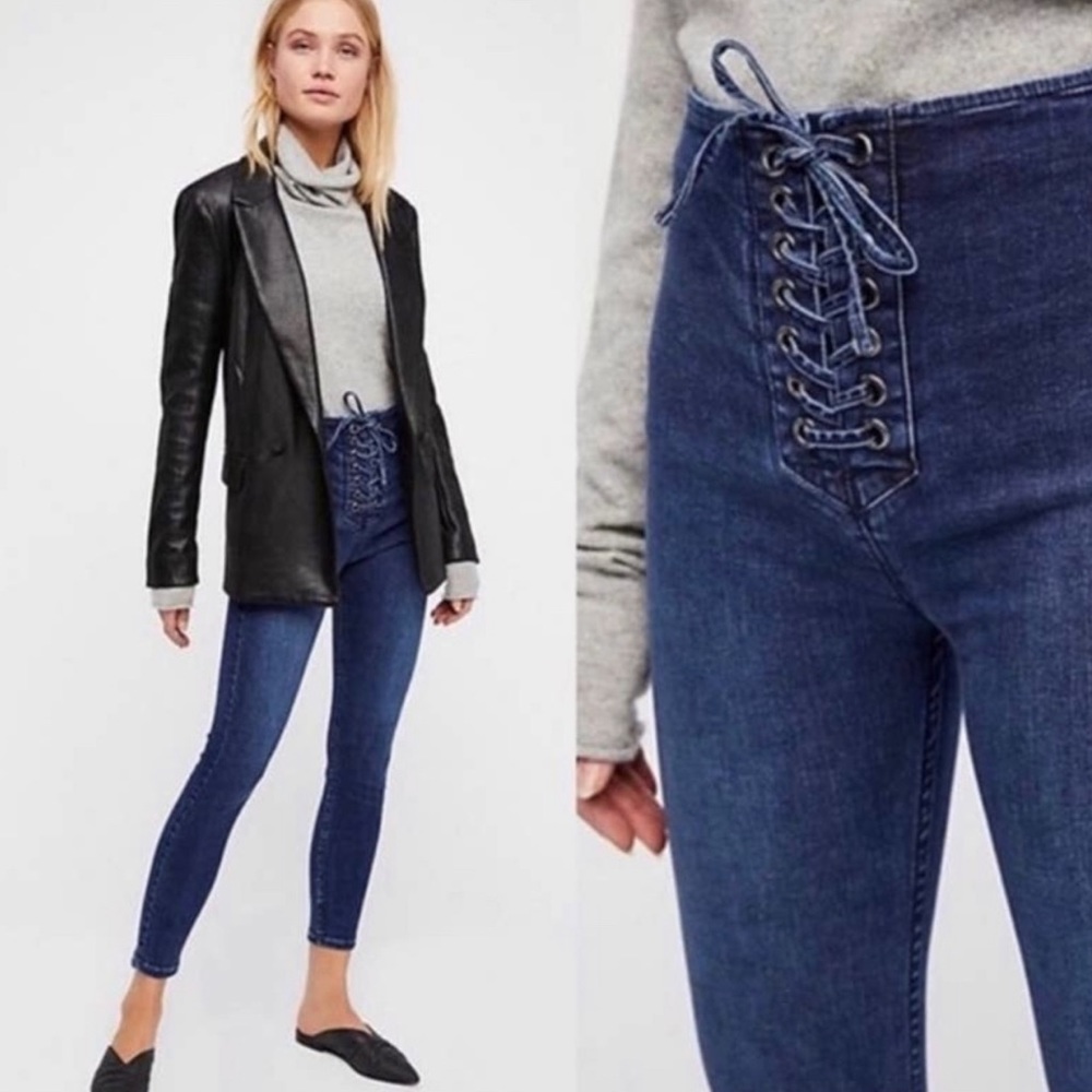 Free People Boho High Rise Lace Up Front Jeggings Jeans Dark Blue Size 29